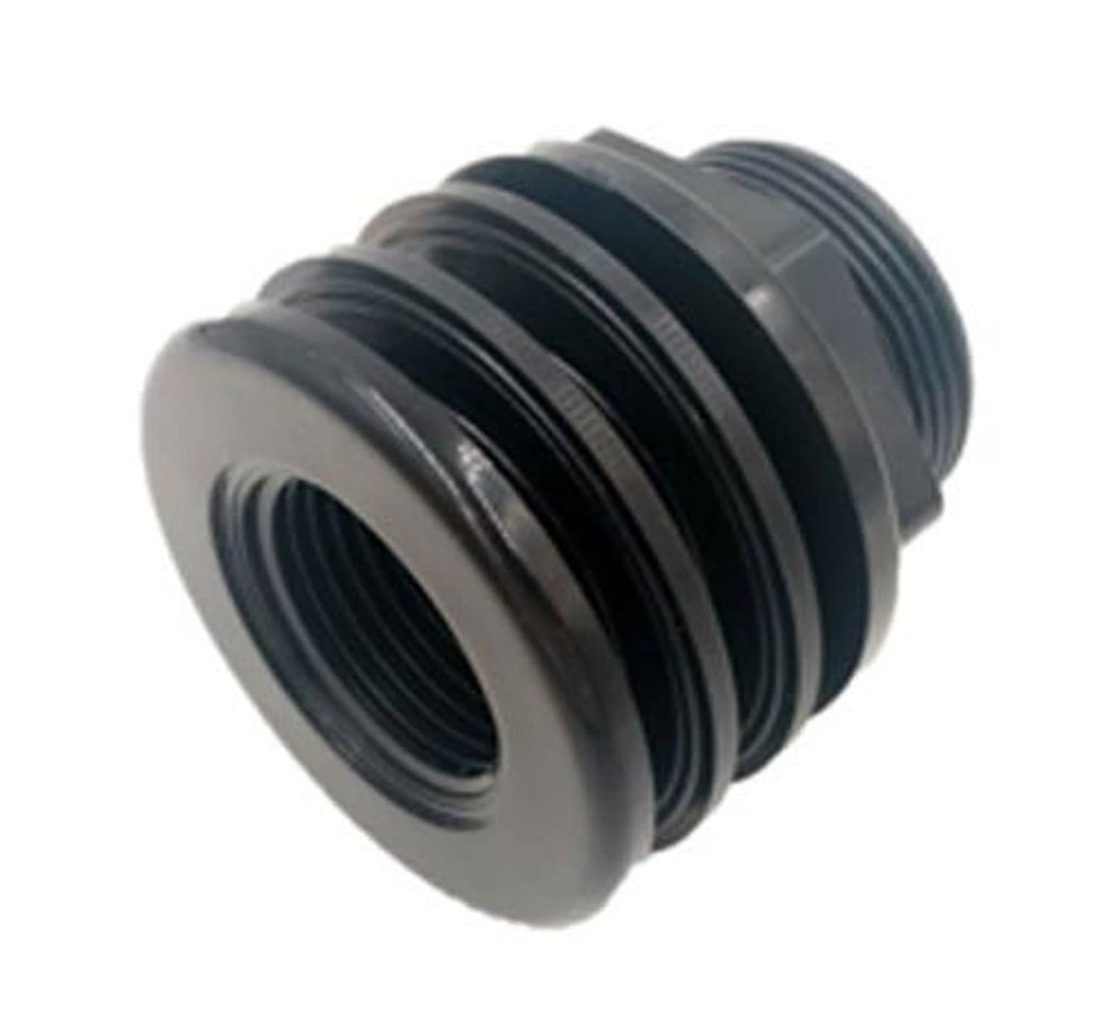 Black threaded coupling with external threads and flat flange face