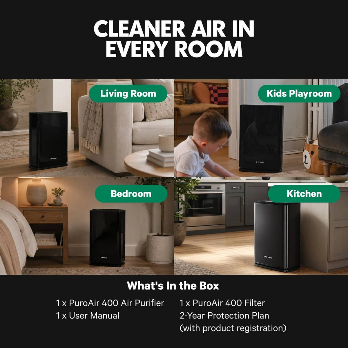 Black air purifier shown in living room, kids playroom, bedroom, and kitchen views.