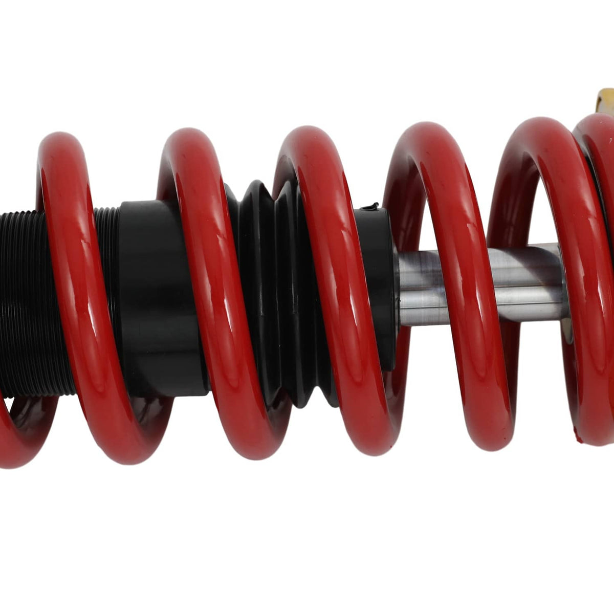 Coilover strut with red coil spring and black shock body
