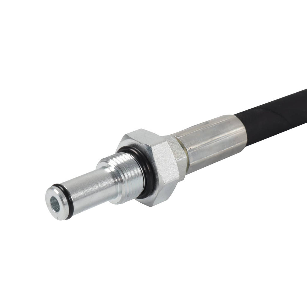 Threaded metal IPR test connector with black O-ring on a hose