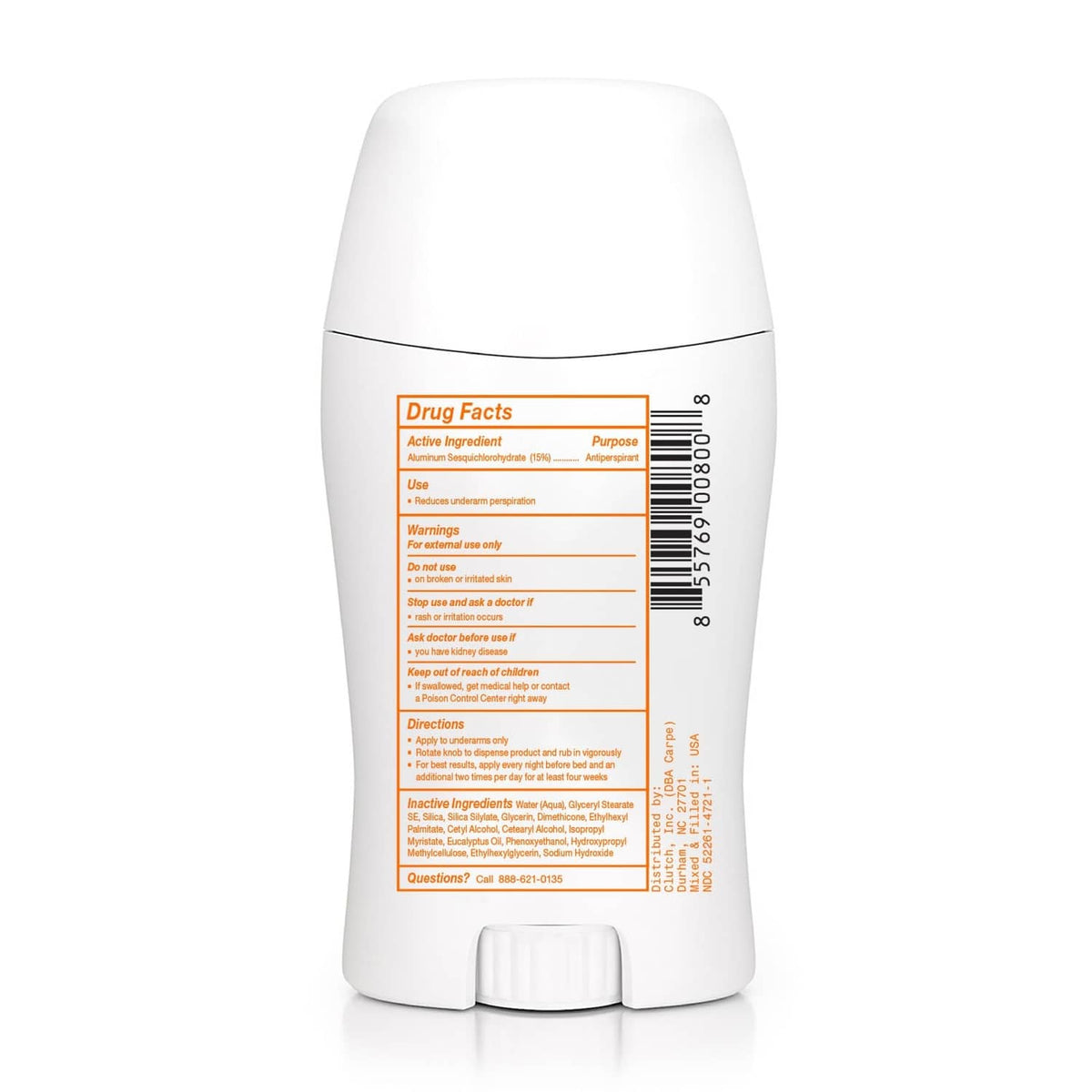 Carpe underarm antiperspirant lotion bottle back with drug facts label and cap