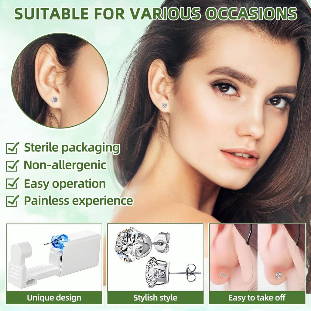 Silver CZ ear stud pair with 3mm stones on model, plus piercing kit shown
