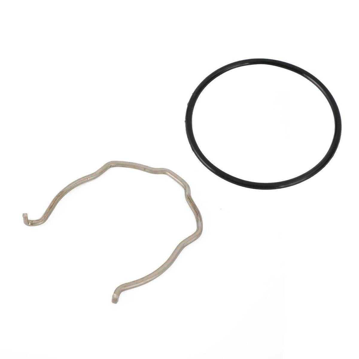 Car charge pipe seal set with black O-ring gasket and C-clip