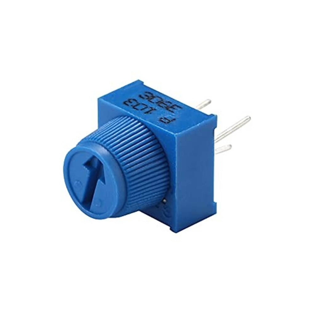 Blue 3-pin trimpot potentiometer with knurled adjustment knob and two side pins