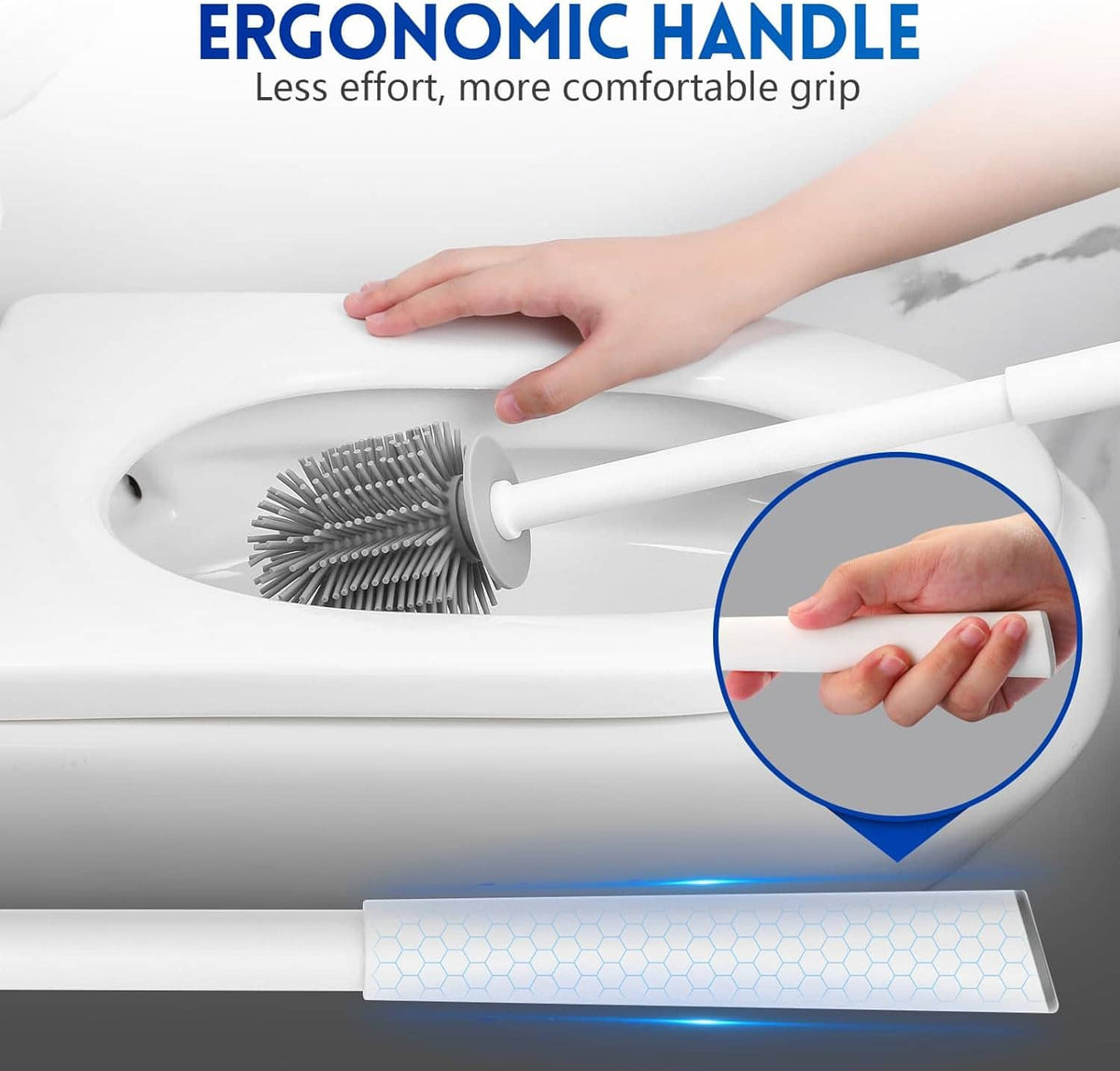 Toilet brush with ergonomic handle and silicone head for comfortable cleaning grip
