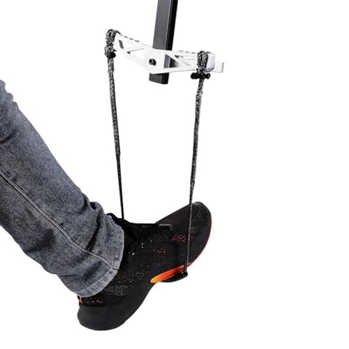 Boot on black step pad of climbing stick aider with rope lanyards