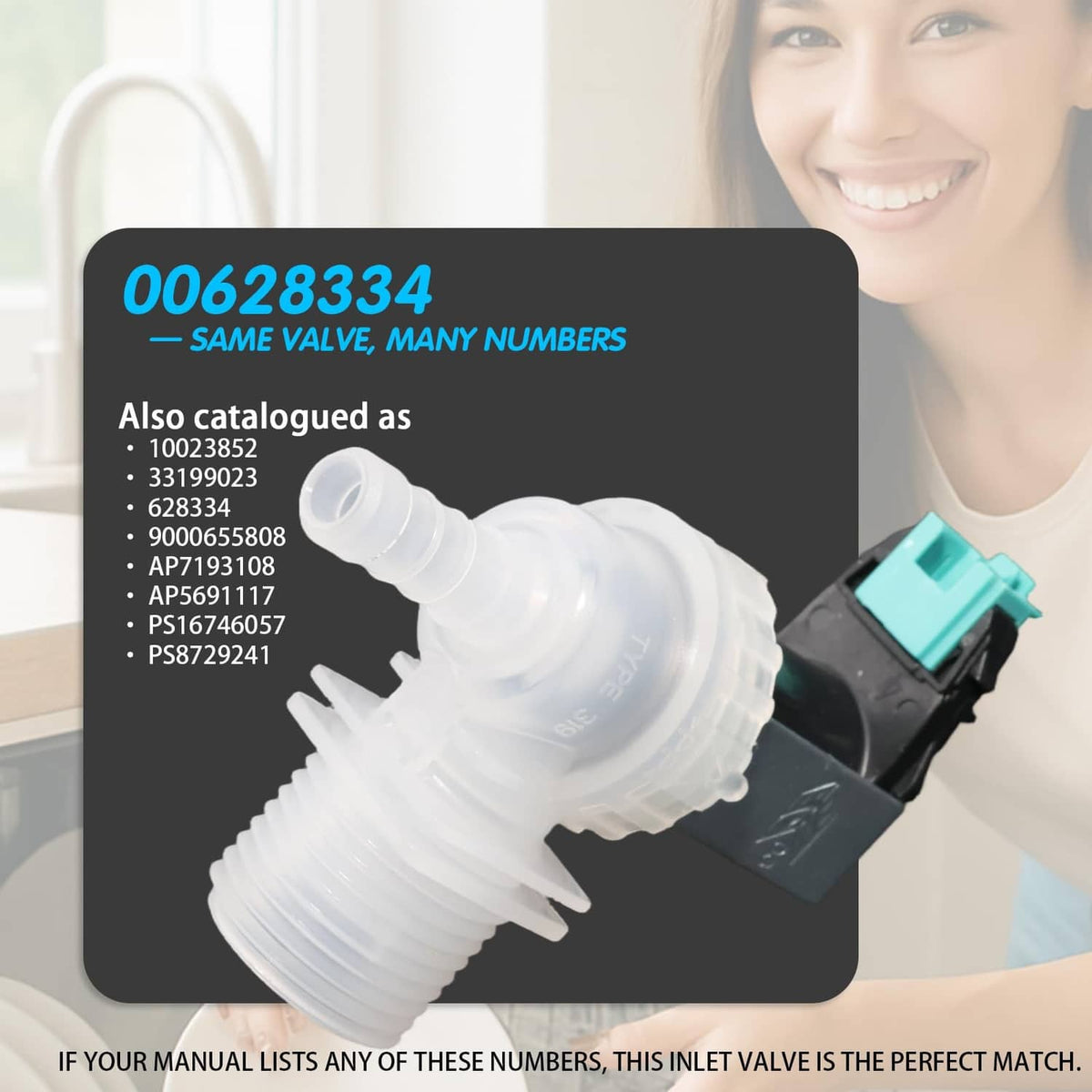 Dishwasher water inlet valve with white tube, teal plug, and black module