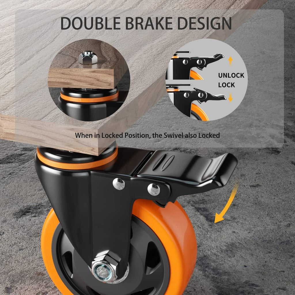 Black caster wheel with orange double-brake swivel lock and orange wheel for secure stops