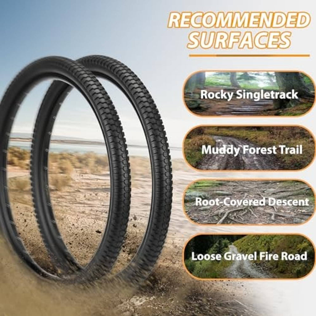 Two black mountain bike tires with deep knobby tread and side knobs