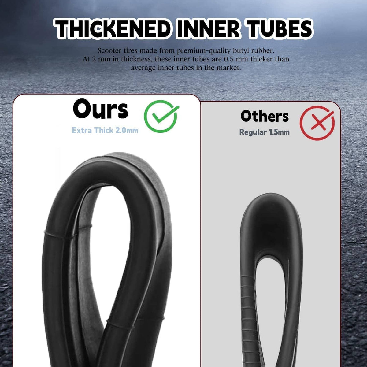 Thickened black scooter inner tubes, 2.0mm extra thickness design for 10-inch tires