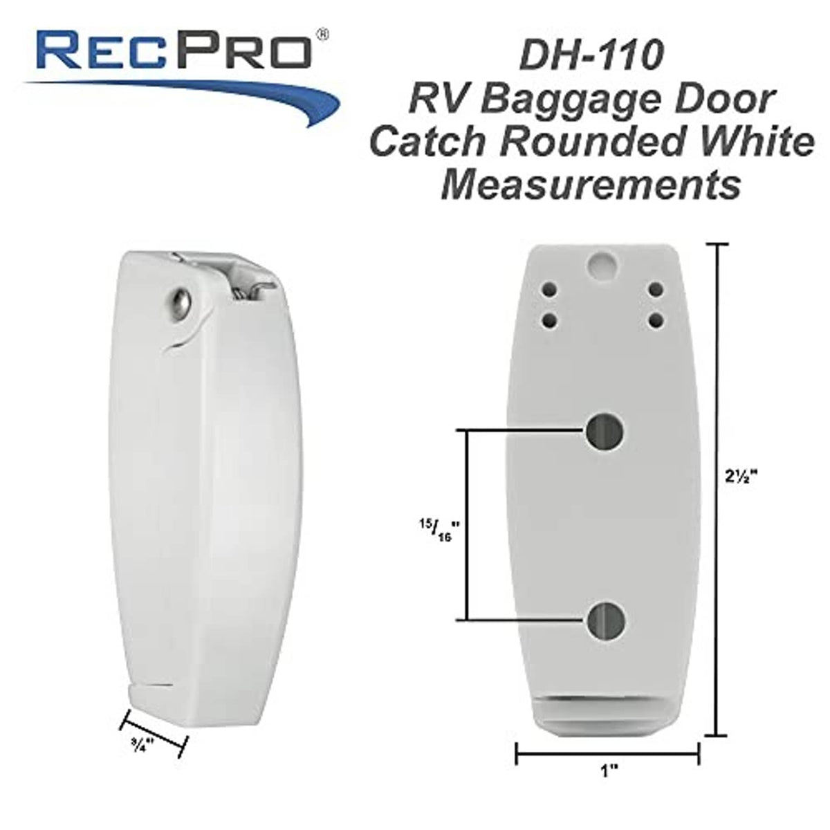 White RV baggage door catch latch clip with size outline and mounting hole positions