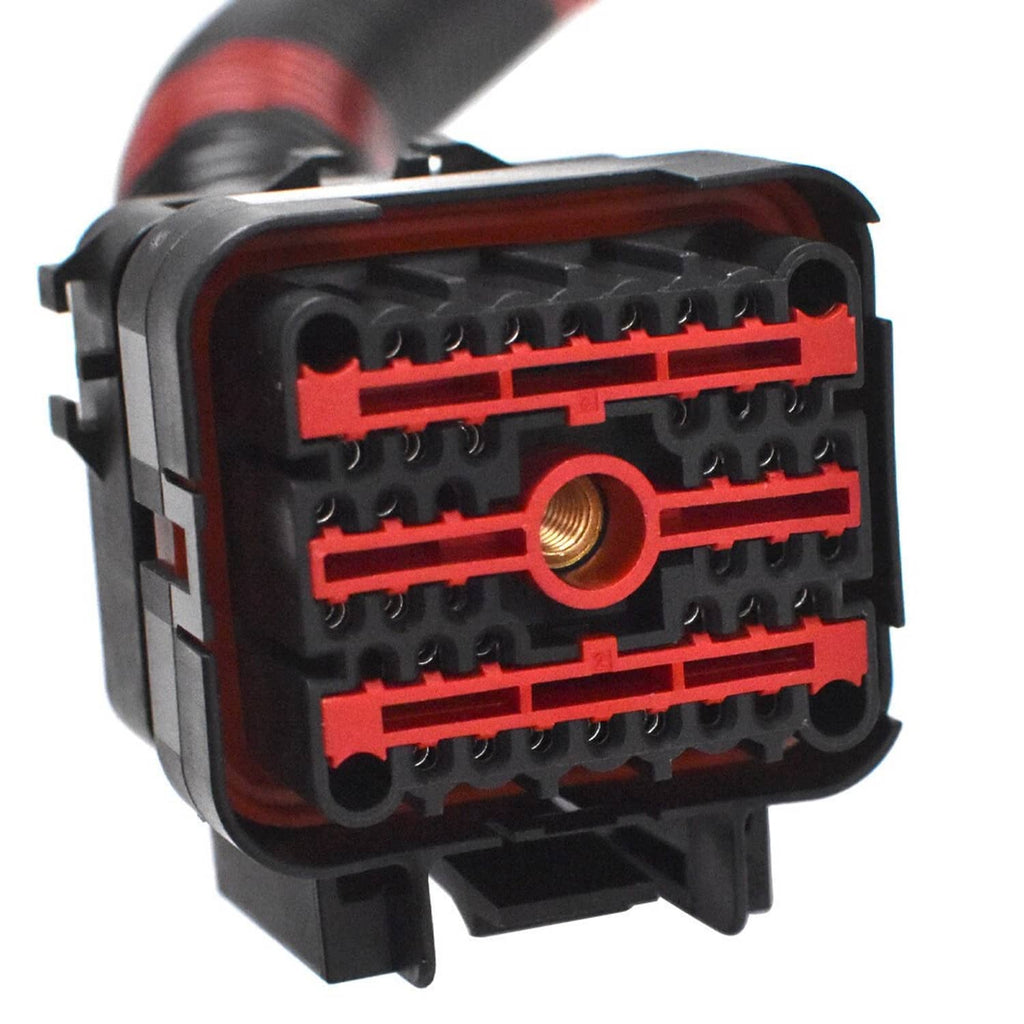 Engine wiring harness connector housing with red and black multi-pin terminal layout