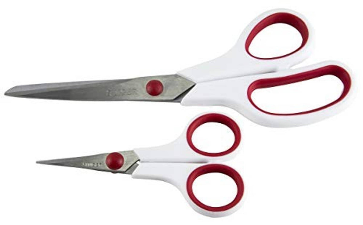 Two Singer scissors with red loops and white handles, gray metal blades