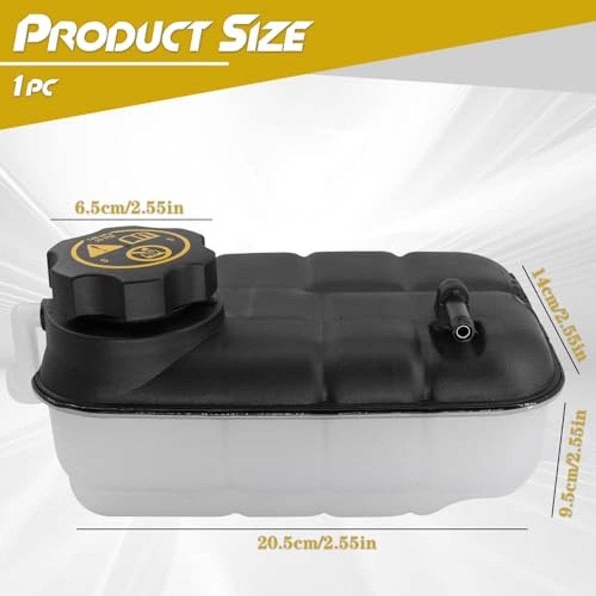 Black-and-white coolant reservoir tank with cap and side outlet