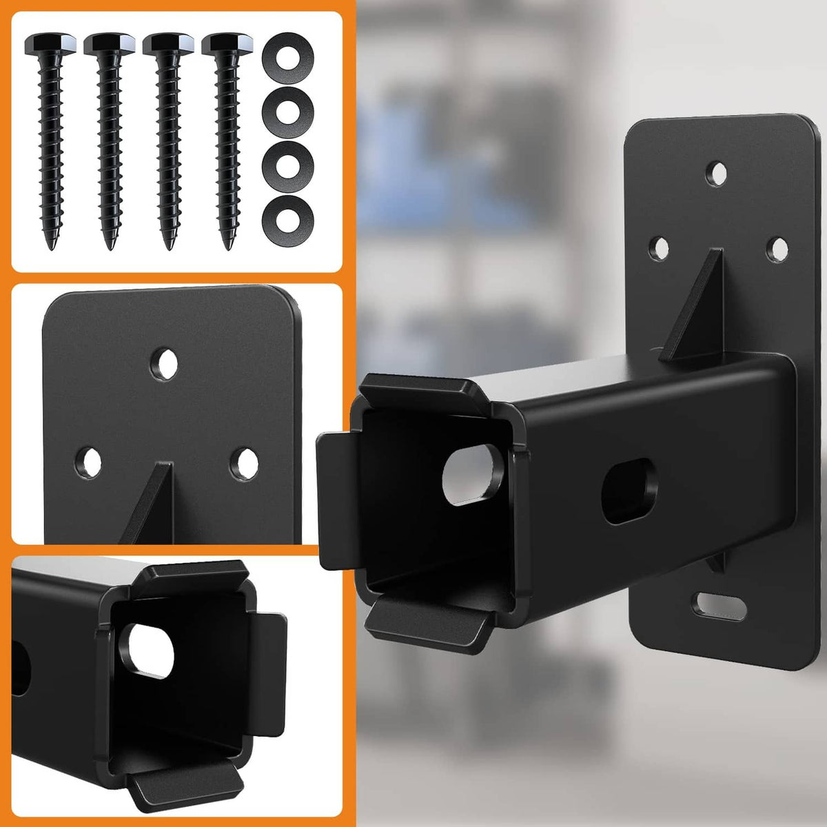 Black hitch wall mount bike rack bracket with receiver arm and screw kit