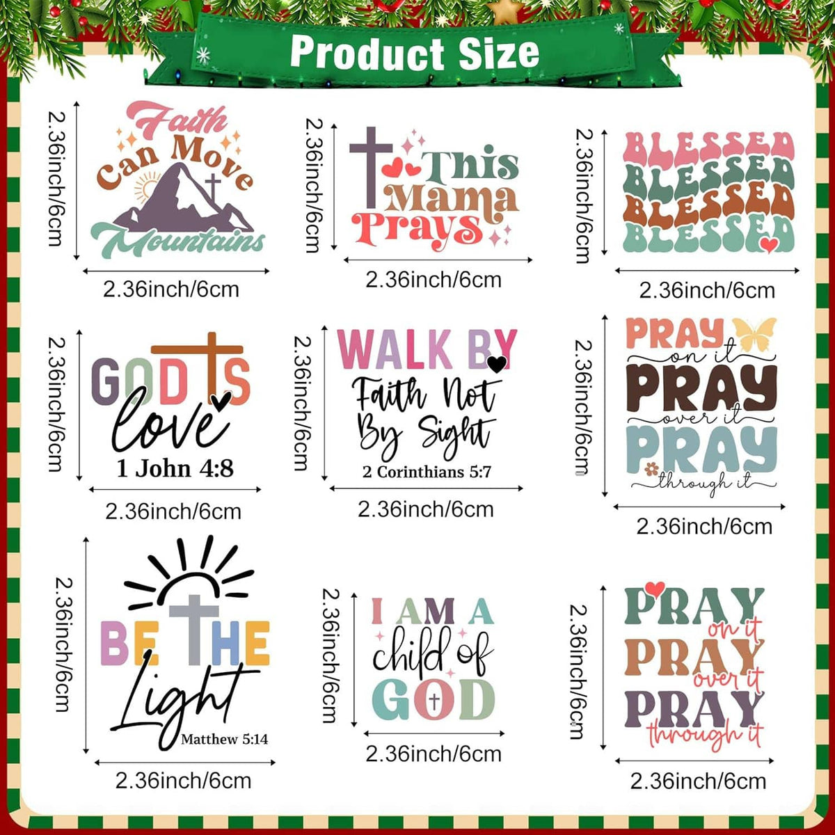 Sticker size chart showing multiple Christmas word sticker designs, each about 2.36 in
