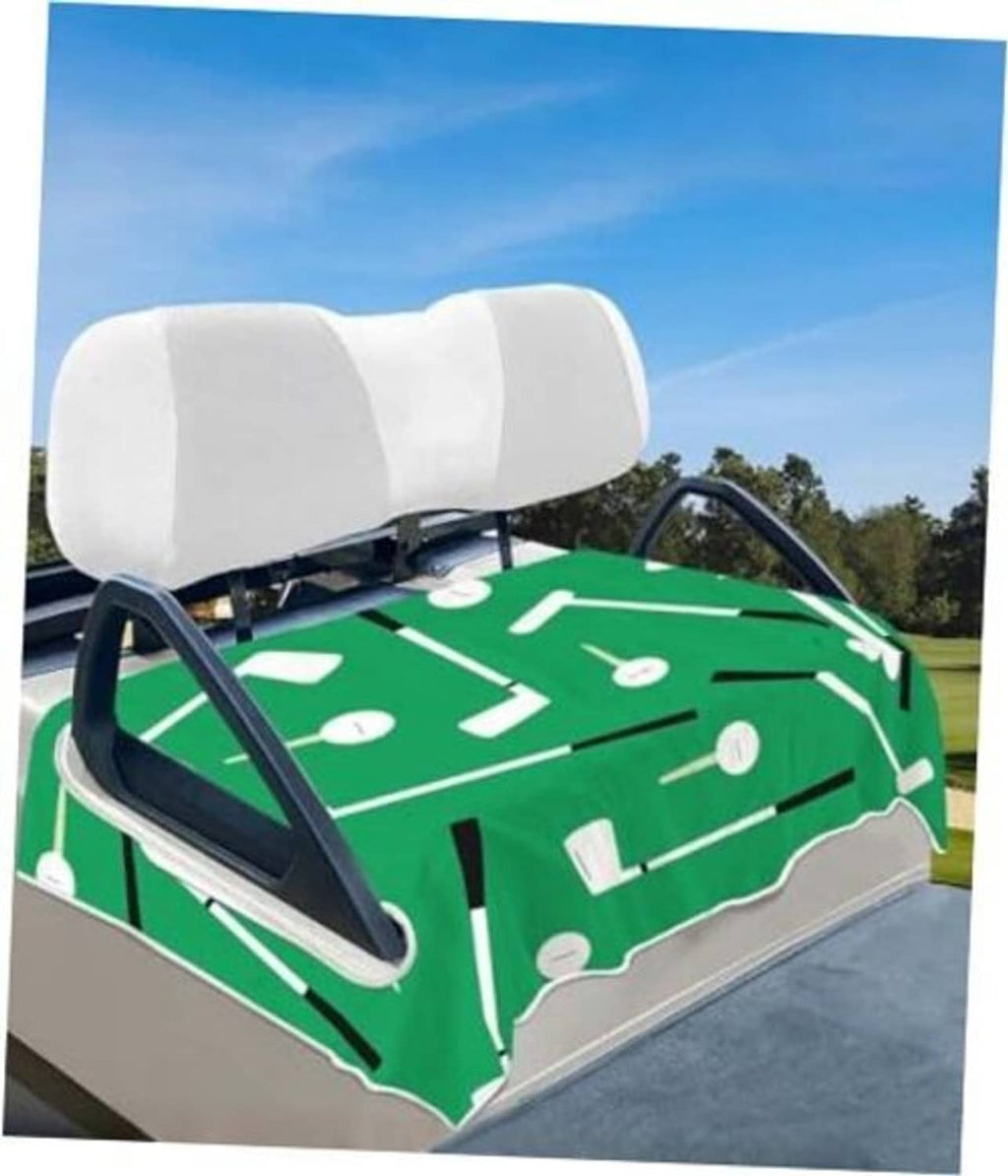Golf cart seat towel cover, white padded headrest with green club-pattern seat