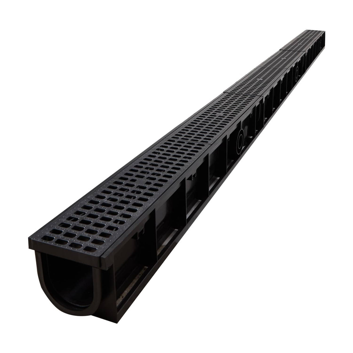 HDPE linear drainage channel with extended grate surface and curved end outlet, dark black