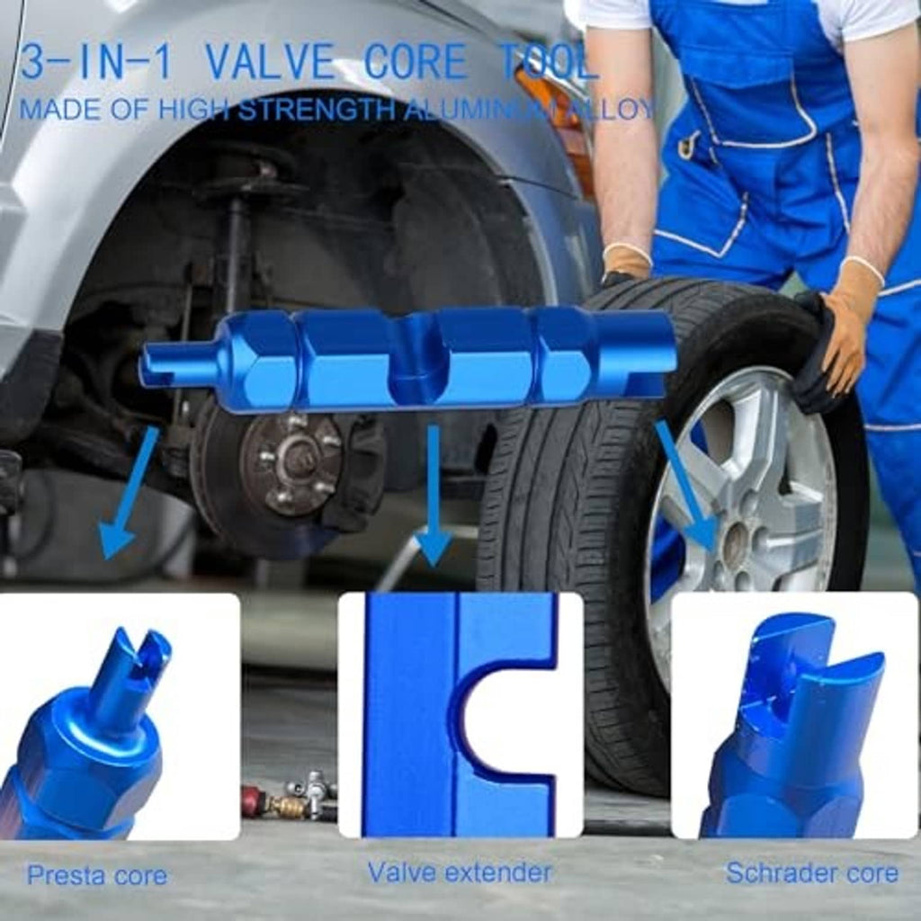 4-way valve tool with blue body and interchangeable Presta and Schrader core ends