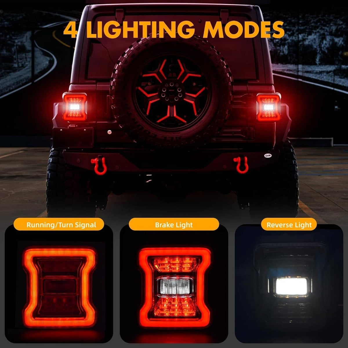LED tail light with red outer frame and clear inner lens, showing multiple light modes