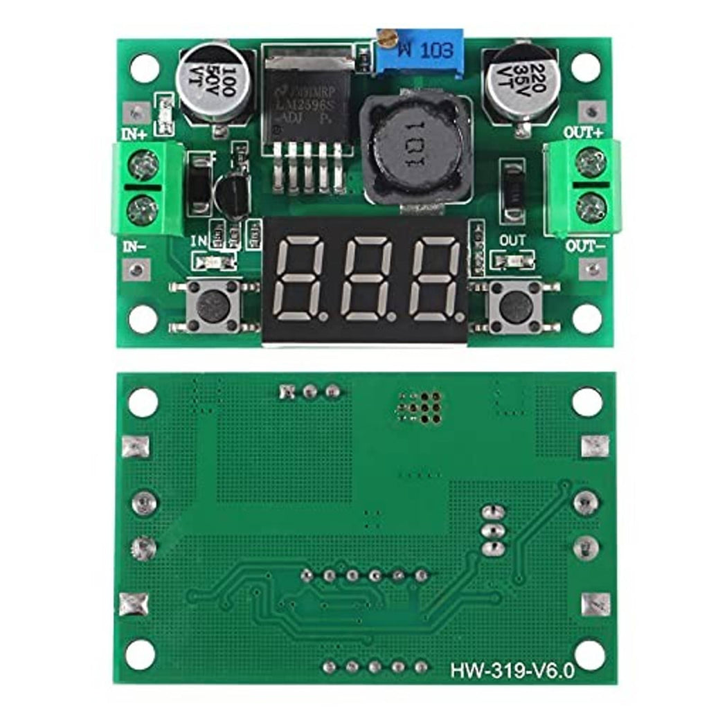 LM2596 step-down regulator module front and back on one green PCB with display and pins