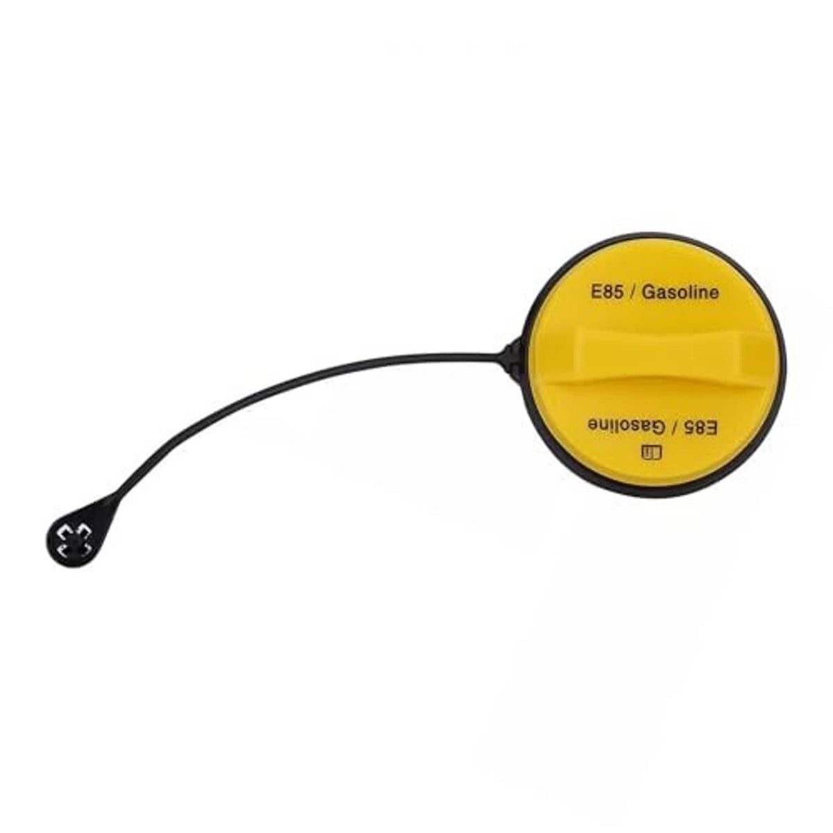 Round yellow gas filler cap with black tether line and mounting plug end