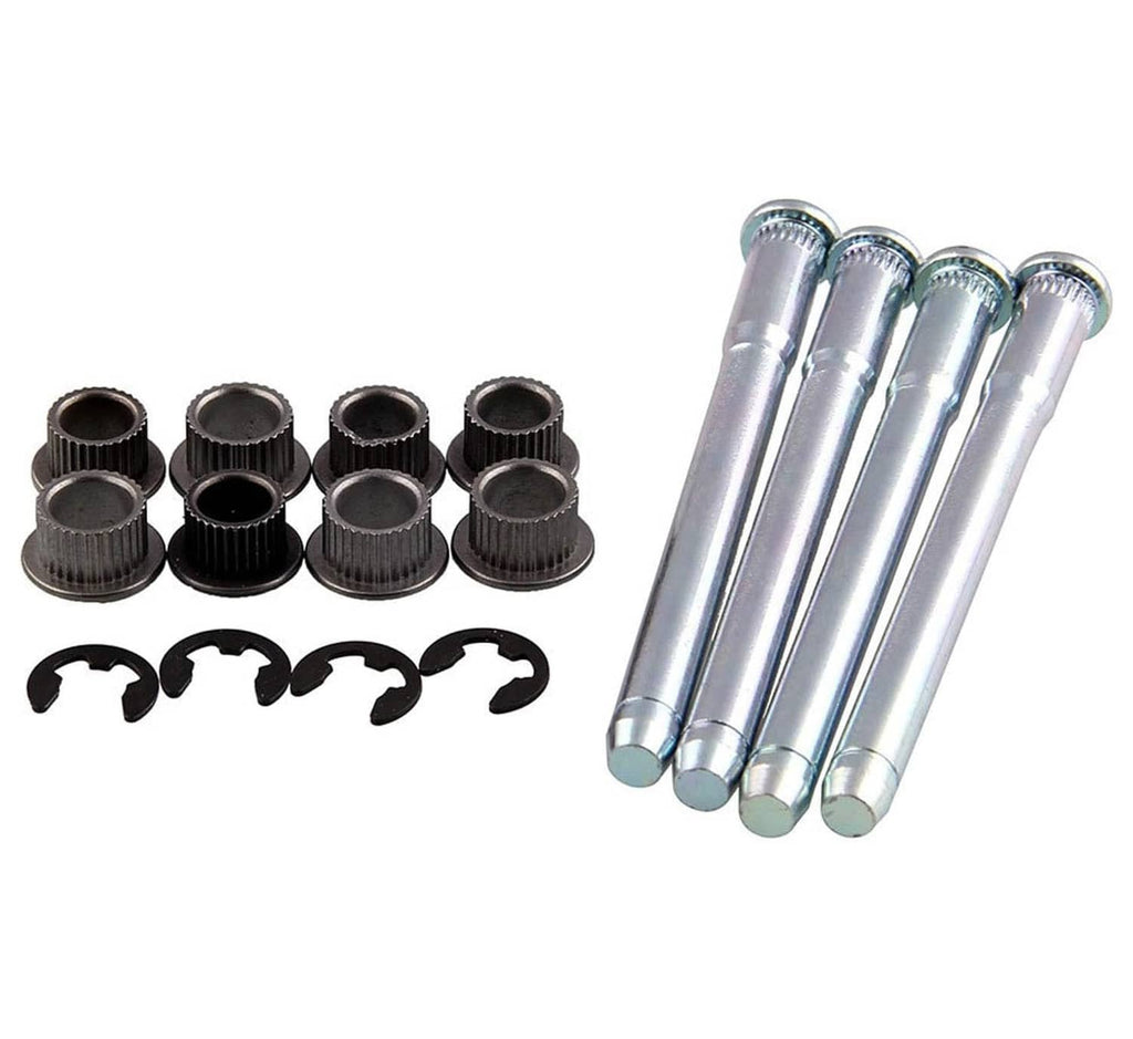 Door hinge pin and bushing kit with metal hinge pins, rubber bushings, and clips