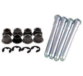 Door hinge pin and bushing kit with metal hinge pins, rubber bushings, and clips