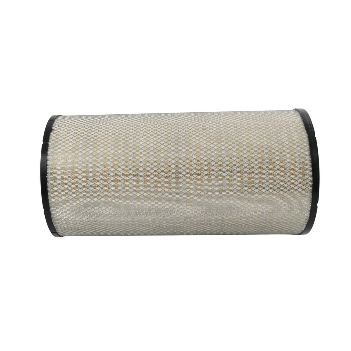 Side view of cylindrical engine air filter with tan pleated mesh media and black bands