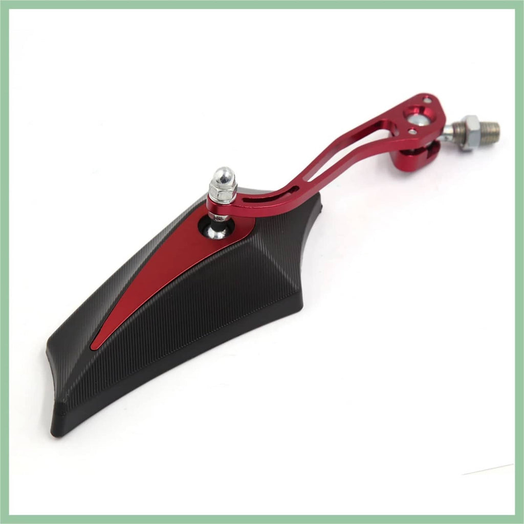 Motorcycle rearview side mirror with red arm, black textured base, and mounting hardware