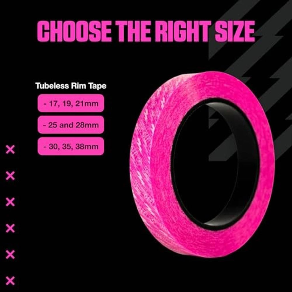Tubeless rim tape roll showing 25mm size, pink semi-transparent adhesive liner
