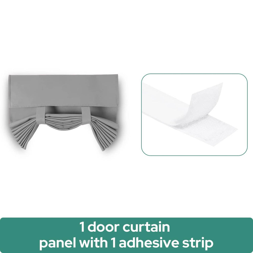 Light grey blackout door curtain panel with adhesive strip, shown as a set graphic