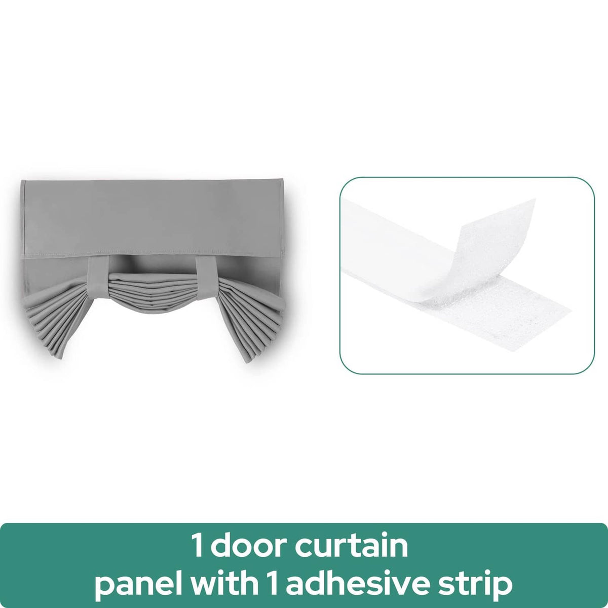 Light grey blackout door curtain panel with adhesive strip, shown as a set graphic