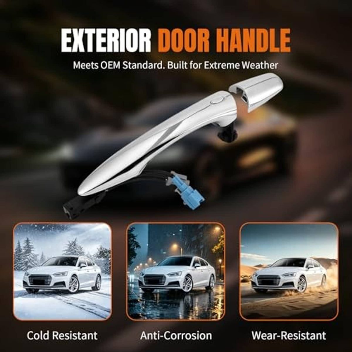 Chrome exterior front door handle with blue wiring connector