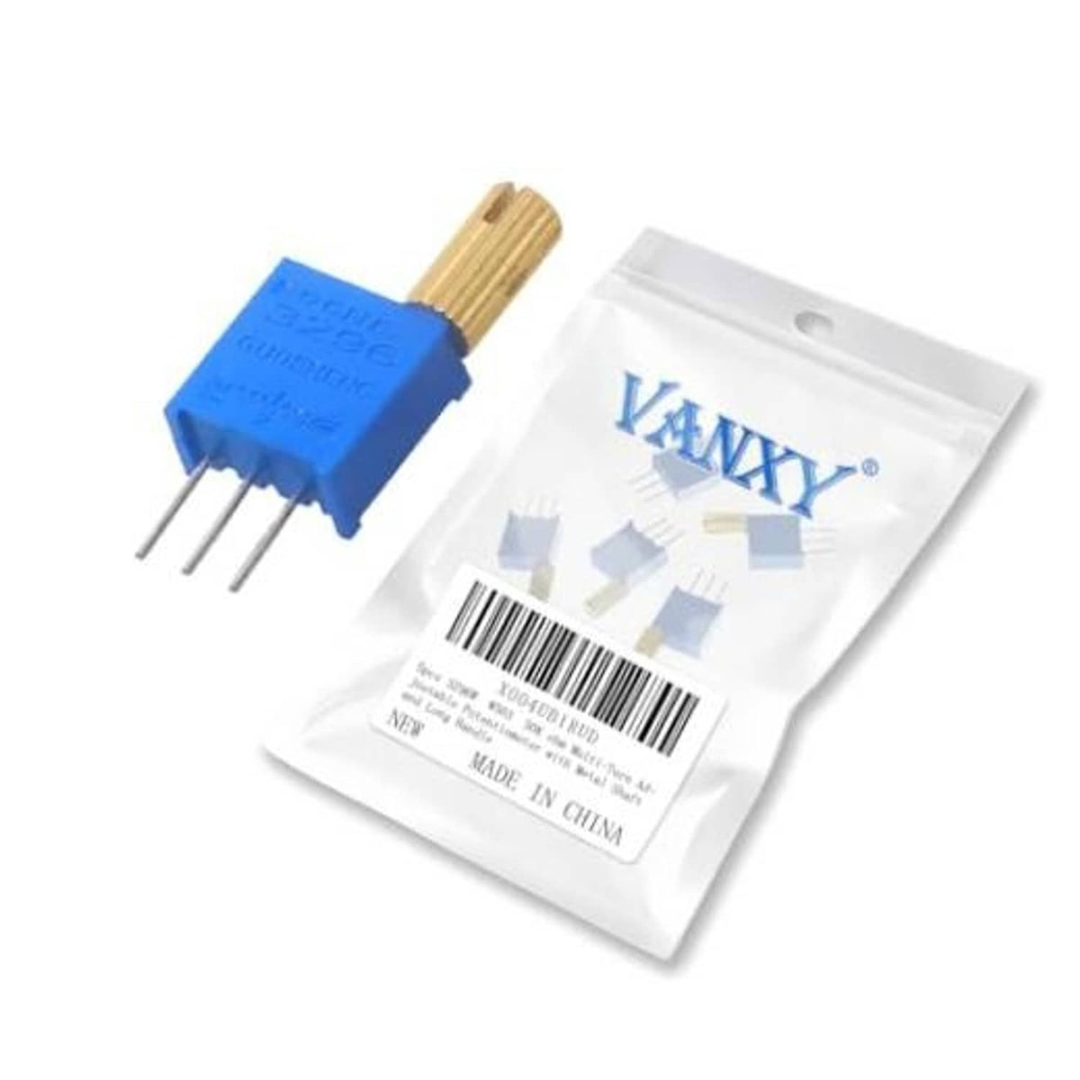Blue multi-turn adjustable potentiometer with metal shaft, three pin leads and foil bag