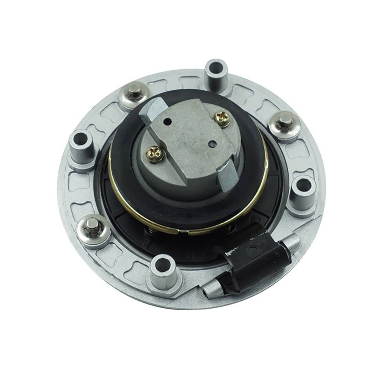 Gas cap lock housing with key cylinder and brass terminals; round metal base