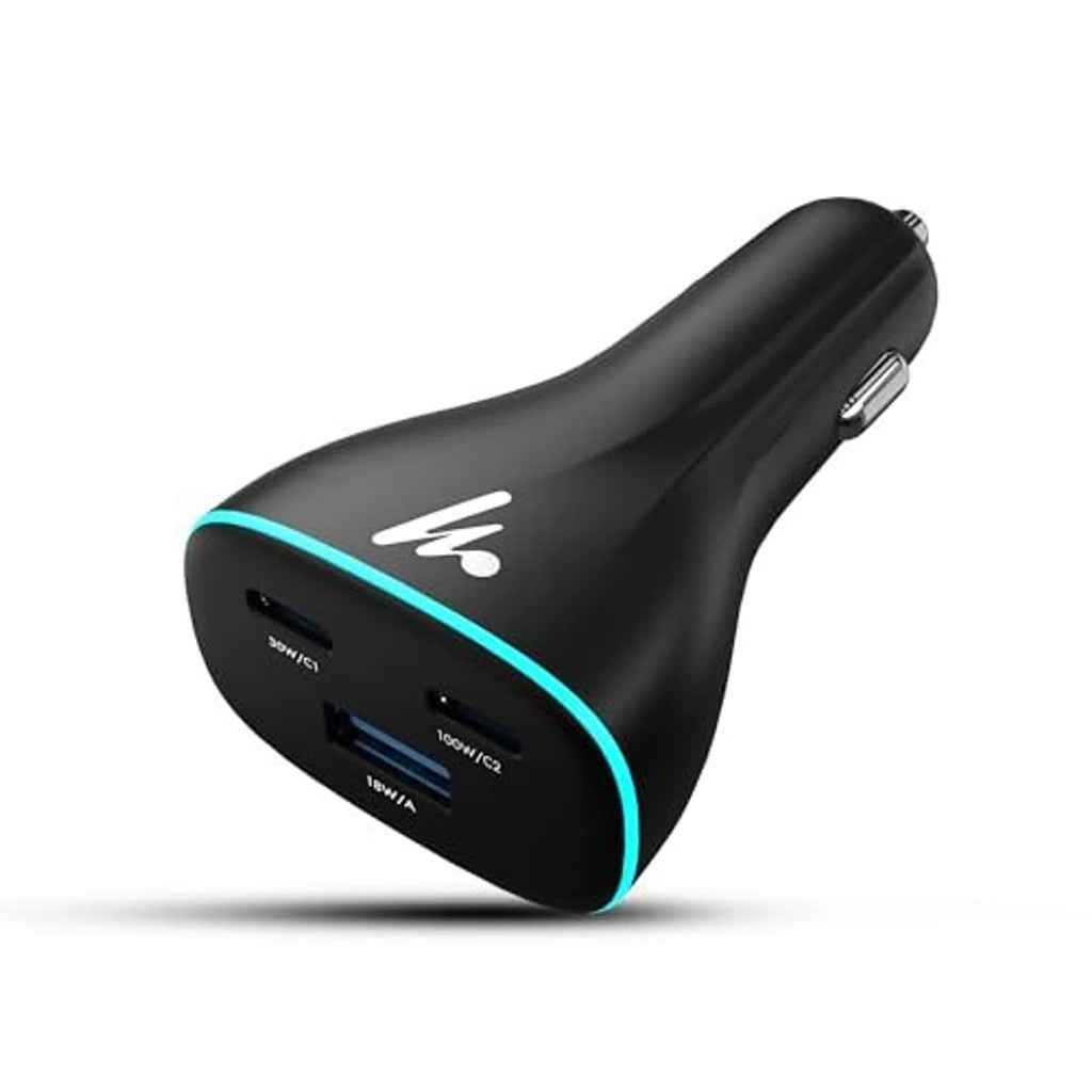 Black car charger with blue LED ring and USB ports, side view
