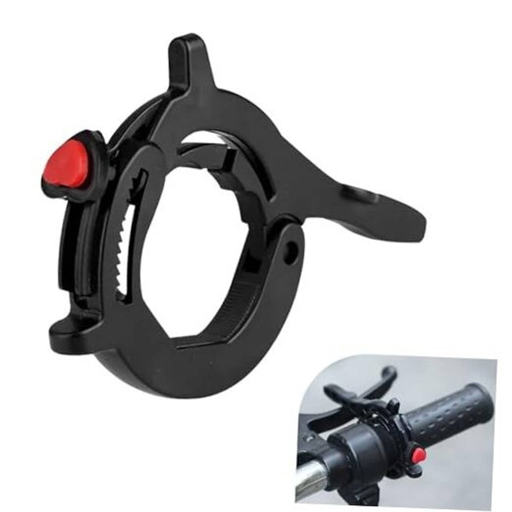 Black motorcycle throttle lock clamp with red button, curved handlebar lever