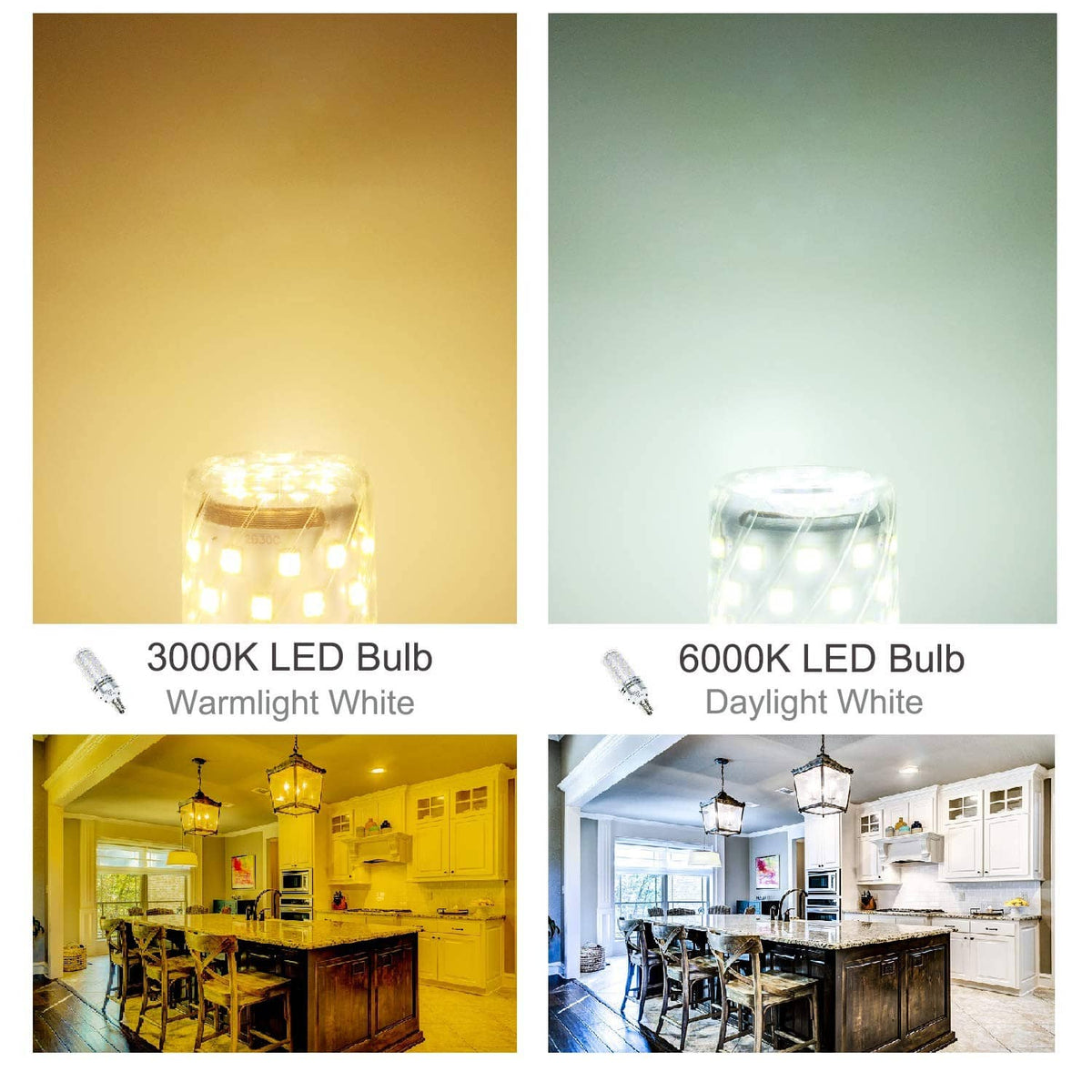 LED bulb color temperature comparison: 3000K warm white and 6000K daylight white