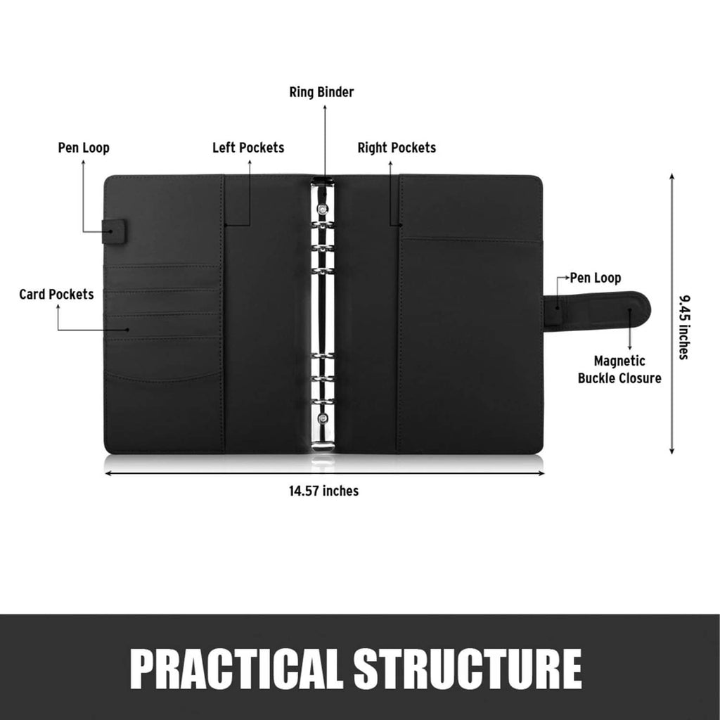 Black A5 ring binder diagram showing pockets, pen loop, and buckle