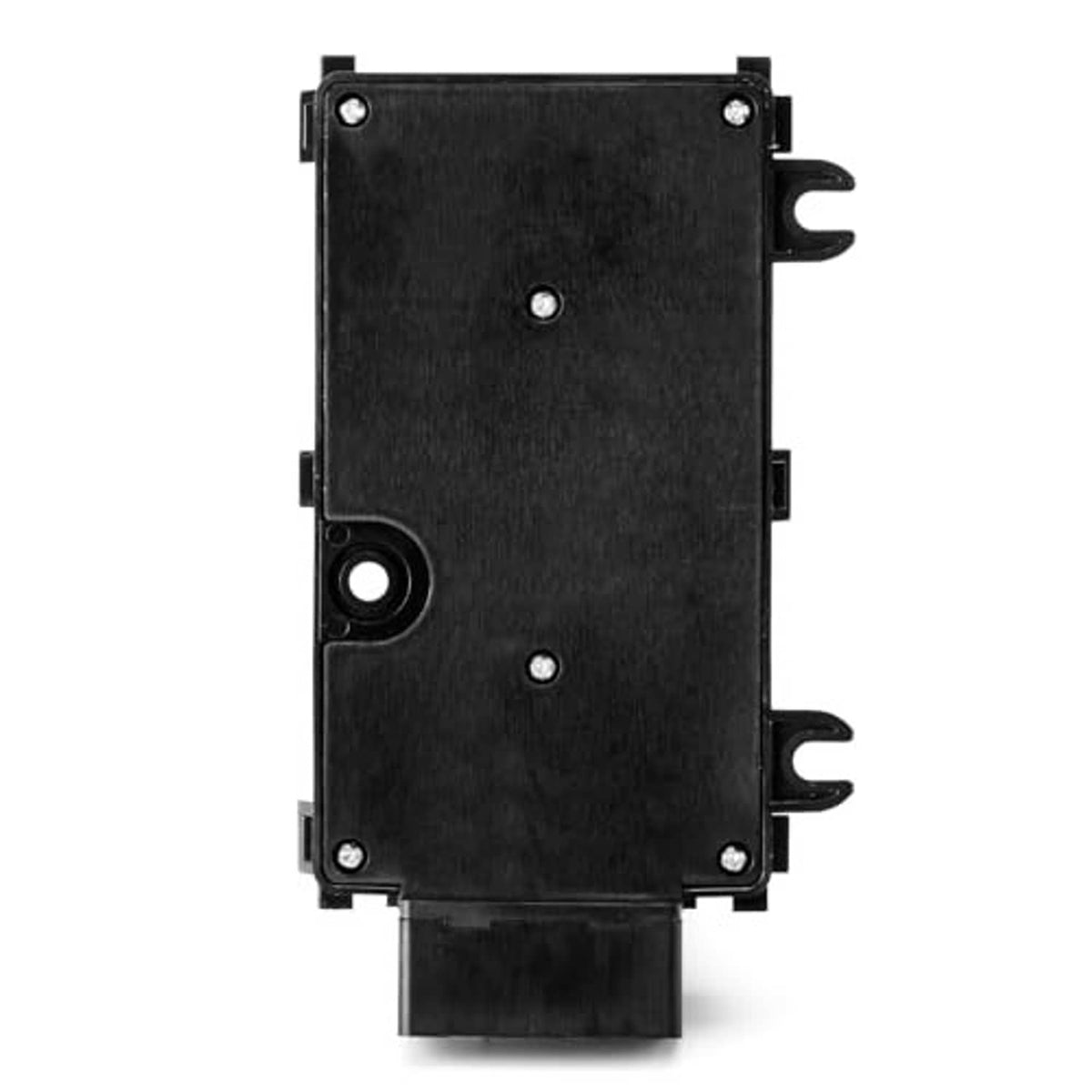 Black passenger power seat switch control module rear panel with mounting holes and tabs.