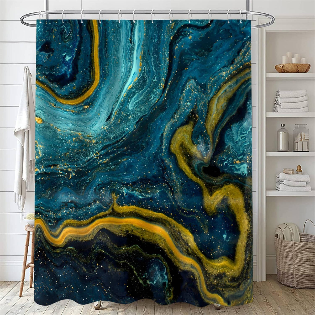 Teal blue marble-pattern shower curtain panel with matching bath mats