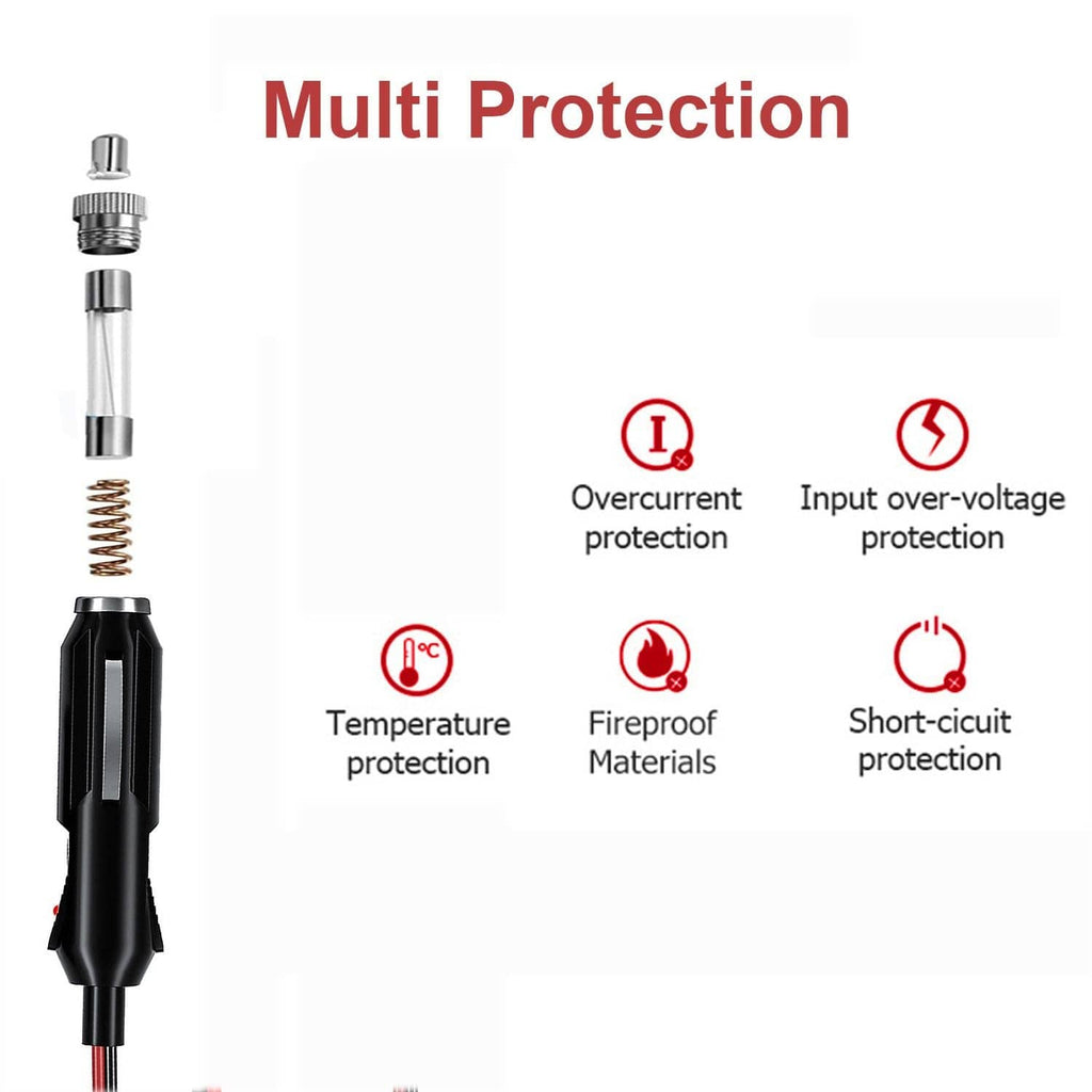 Car power adapter with multi protection for overcurrent, over-voltage, temperature, and short-circuit