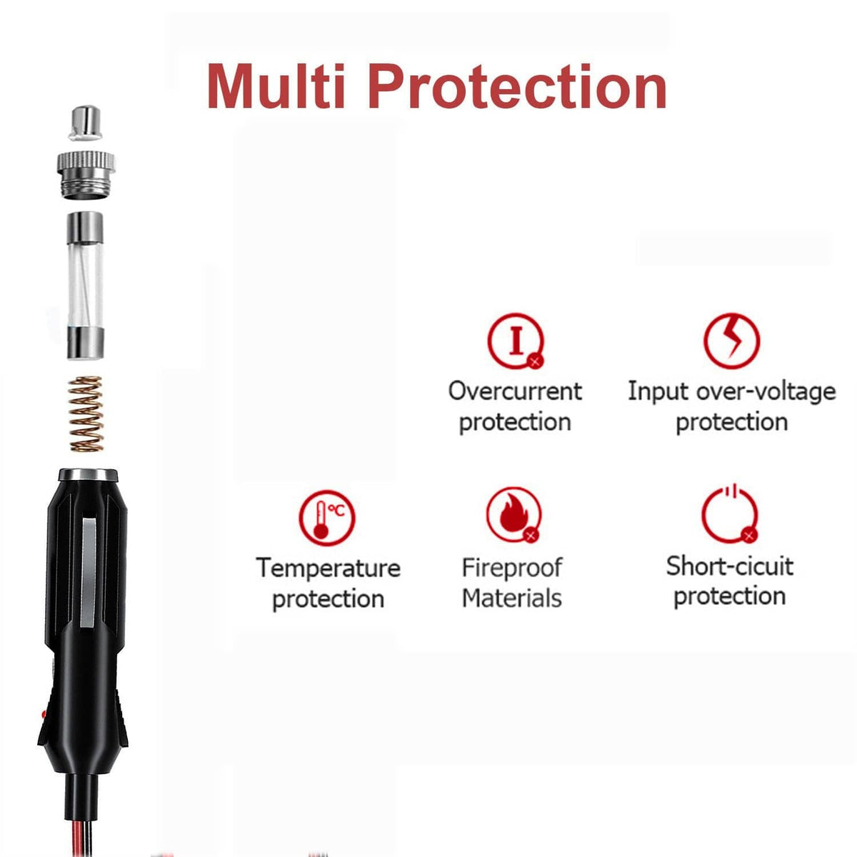 Car power adapter with multi protection for overcurrent, over-voltage, temperature, and short-circuit