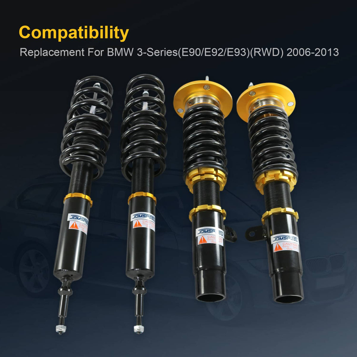 Coilover suspension kit set of four shocks with black and gold spring assemblies