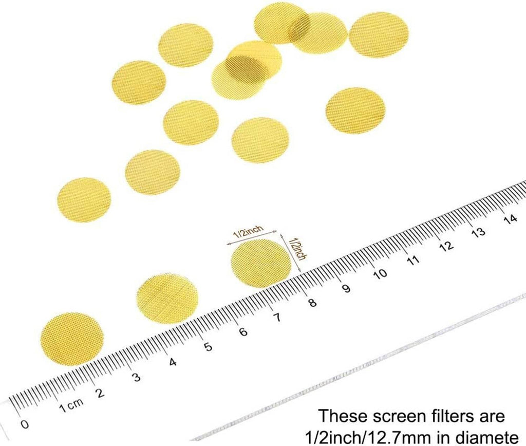 Brass pipe screen discs beside measuring ruler with diameter marks