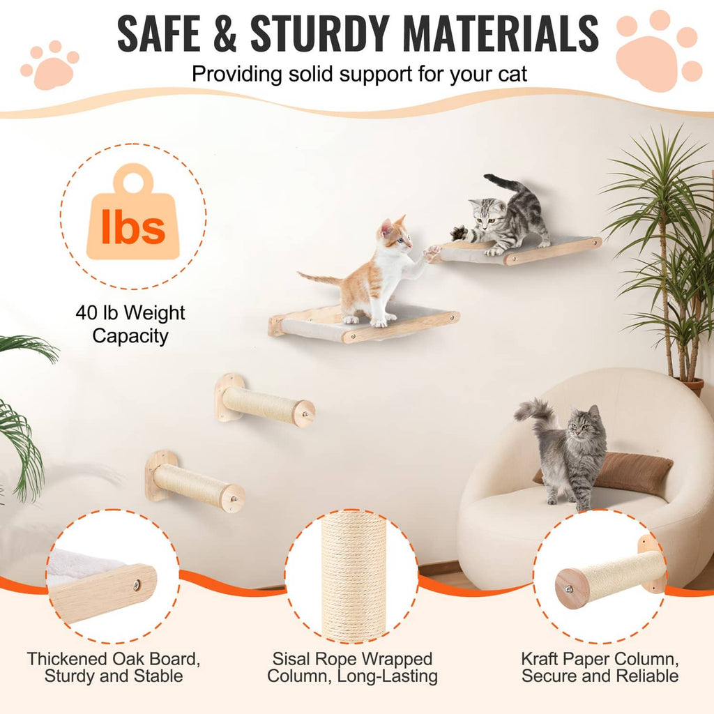 Wall-mounted cat shelf set with oak board platforms and sisal-wrapped rope posts