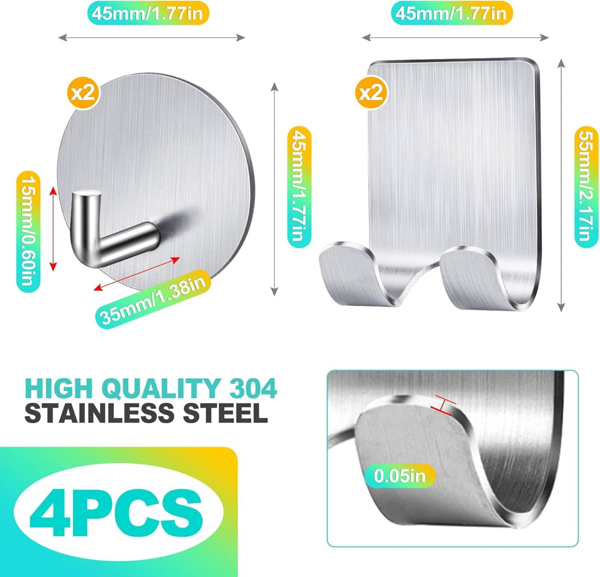 4-pack razor holder hooks with size guides for adhesive plates (45mm, 35mm)
