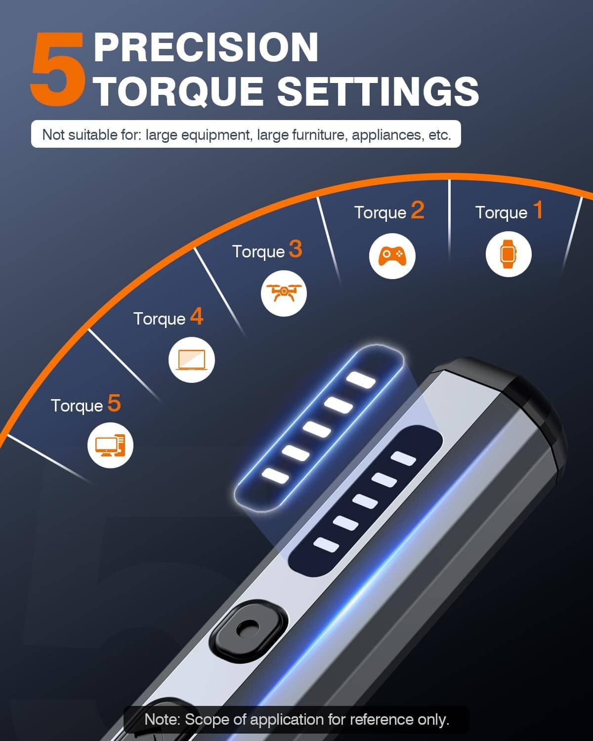 Precision cordless screwdriver showing multi-torque settings and glowing LED light strip