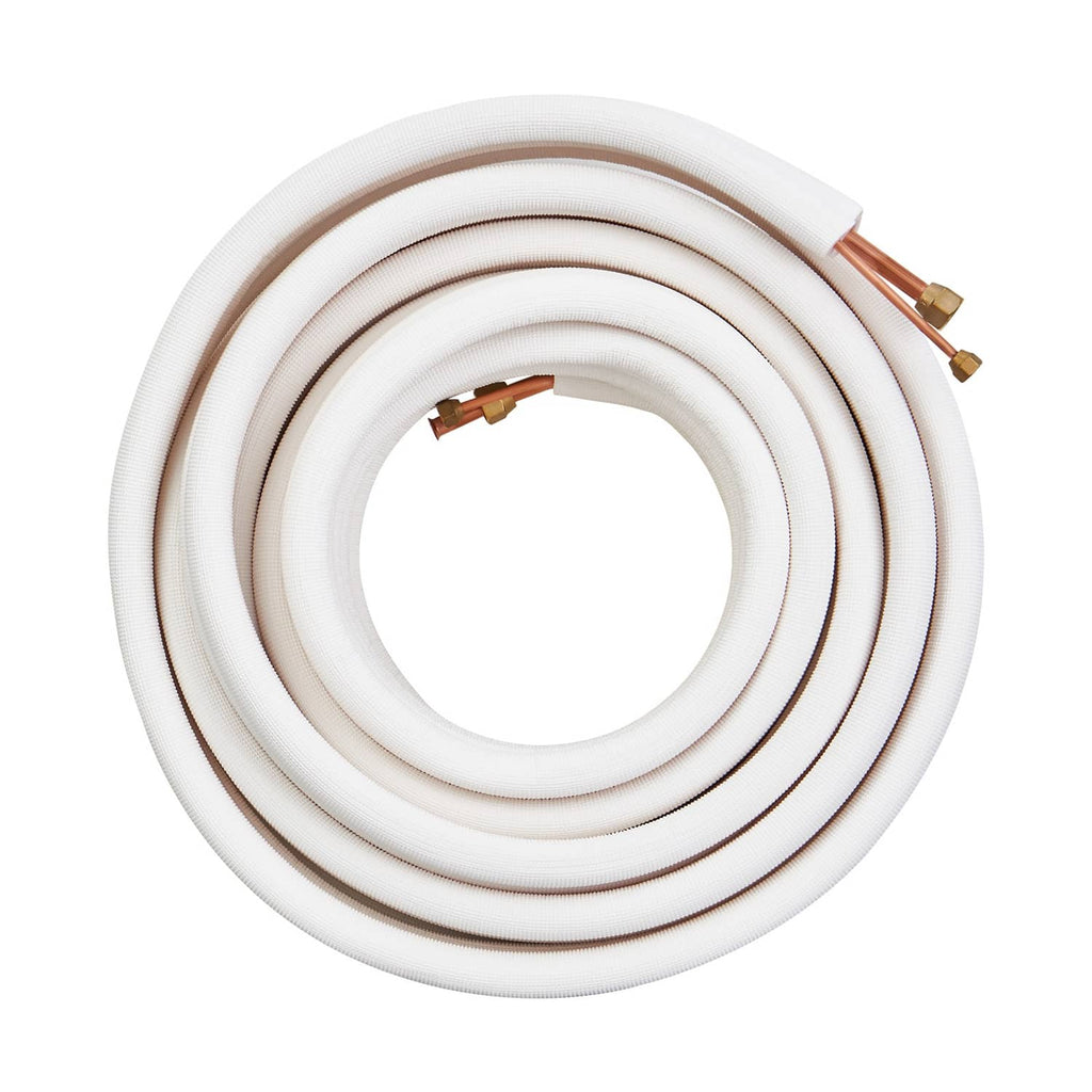 Coiled insulated mini split line set with white insulation and brass-capped copper joints